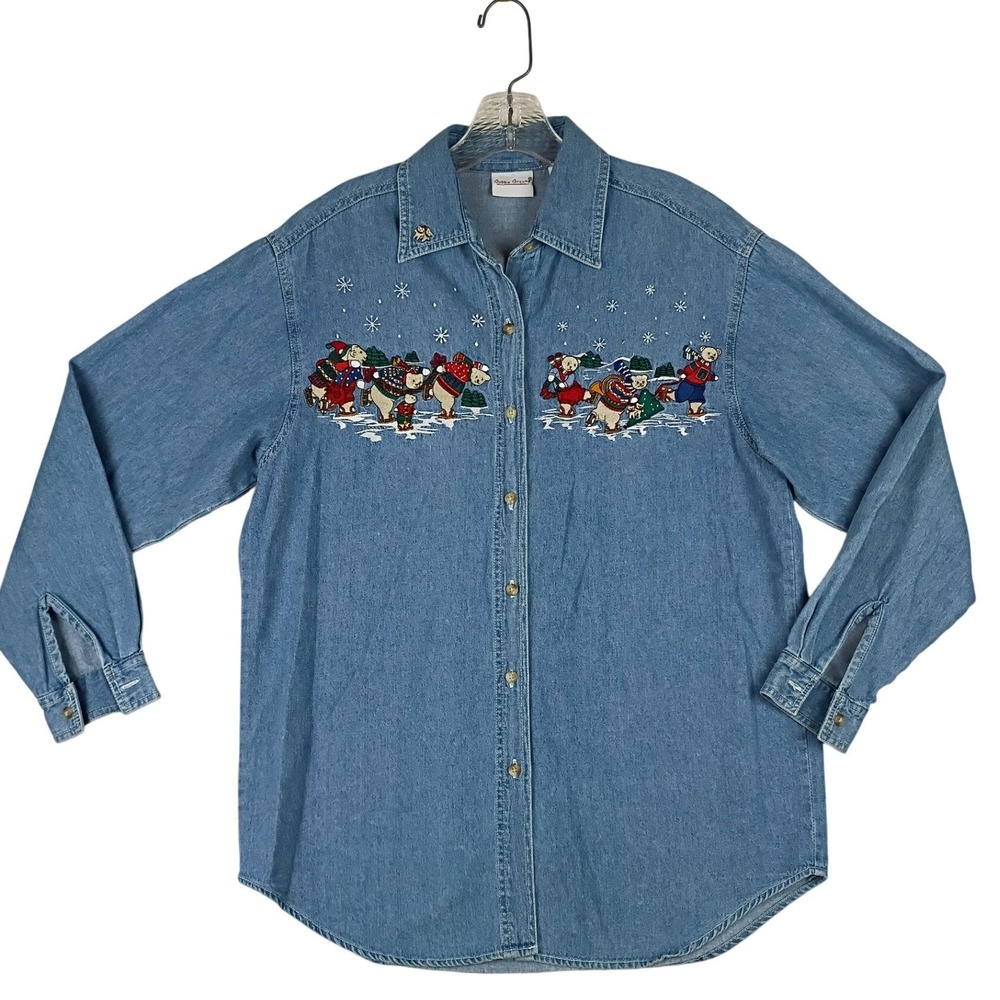 Bobbie Brooks Vintage Skating Bears Chambray Button Up Womens M Blue Embroidered